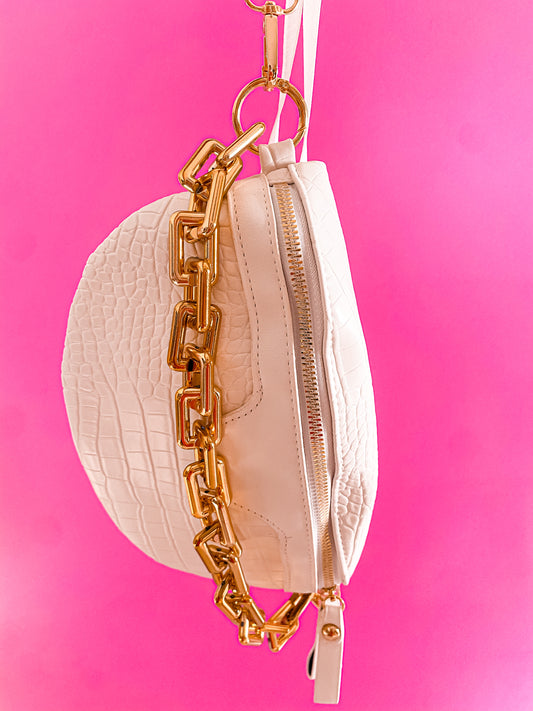 White Belt Bum Bag With Gold Chain Link