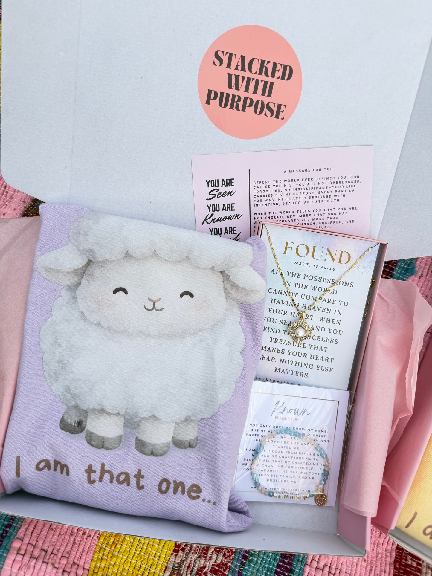 The One Box | He Leaves the 99 Faith Based Gift Box | Christian Gift Set with Jewelry, “I Am That One” Tee & Personalized Word in Due Season