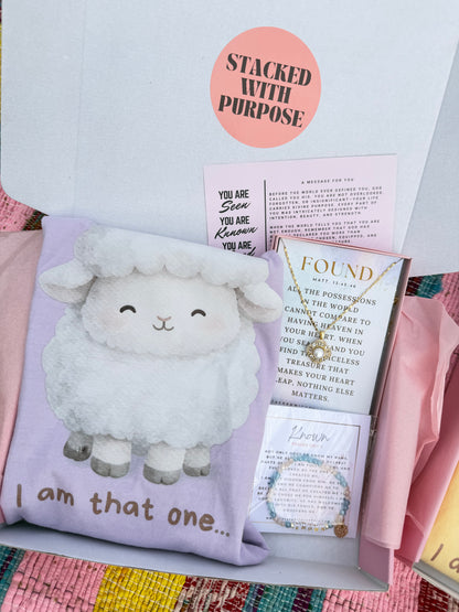 The One Box | He Leaves the 99 Faith Based Gift Box | Christian Gift Set with Jewelry, “I Am That One” Tee & Personalized Word in Due Season
