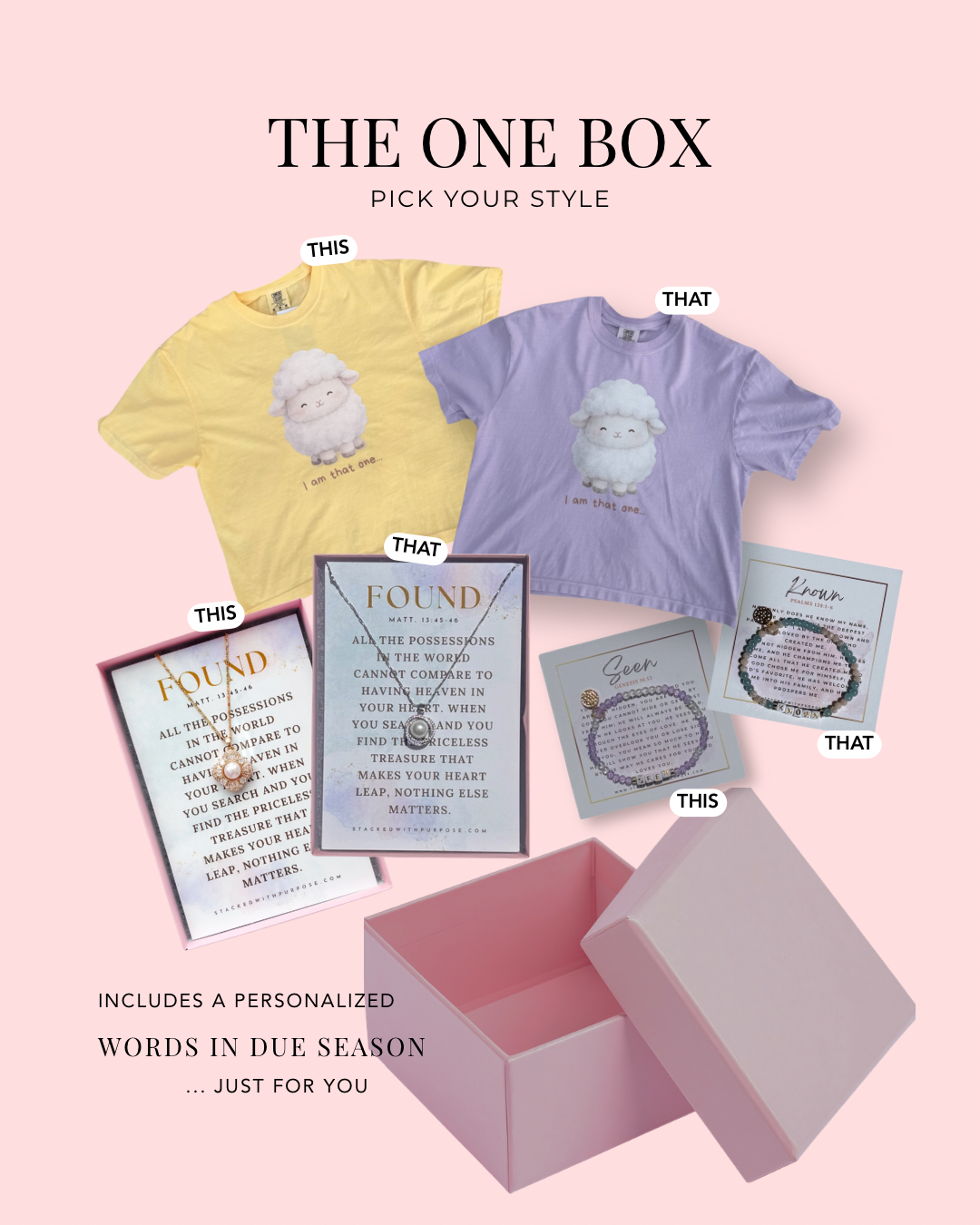 The One Box | He Leaves the 99 Faith Based Gift Box | Christian Gift Set with Jewelry, “I Am That One” Tee & Personalized Word in Due Season