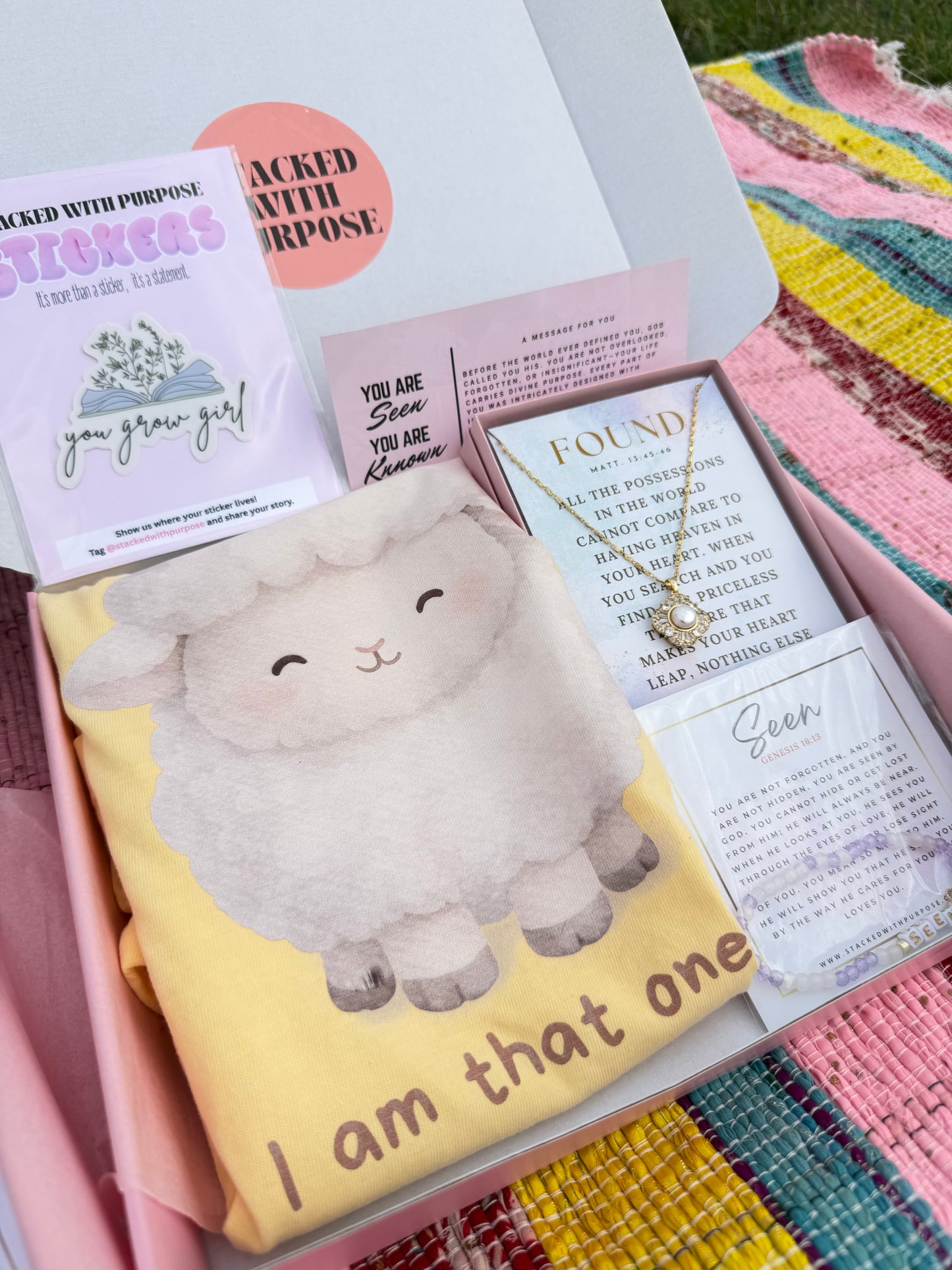 The One Box | He Leaves the 99 Faith Based Gift Box | Christian Gift Set with Jewelry, “I Am That One” Tee & Personalized Word in Due Season
