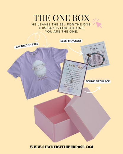 The One Box | He Leaves the 99 Faith Based Gift Box | Christian Gift Set with Jewelry, “I Am That One” Tee & Personalized Word in Due Season