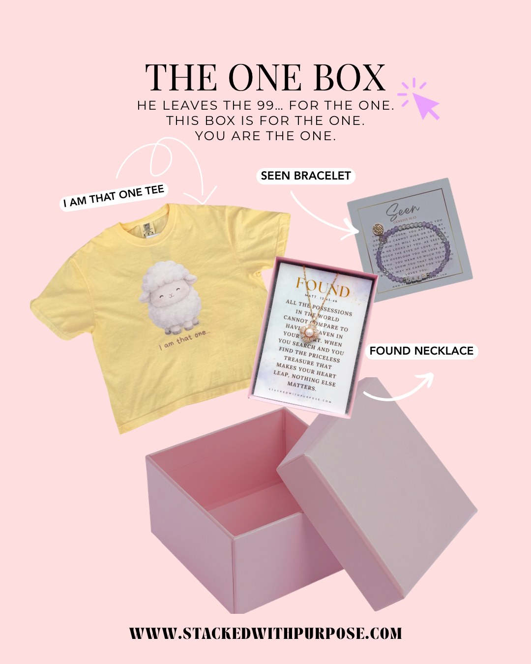The One Box | He Leaves the 99 Faith Based Gift Box | Christian Gift Set with Jewelry, “I Am That One” Tee & Personalized Word in Due Season
